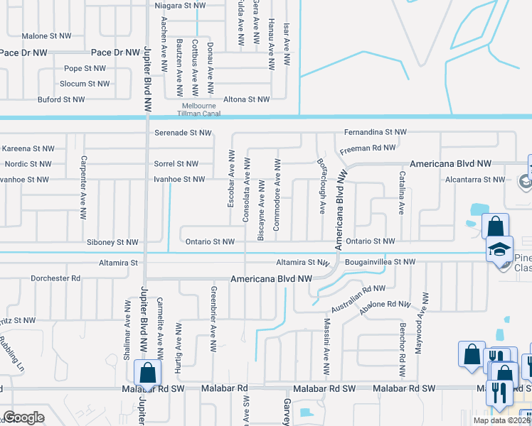 map of restaurants, bars, coffee shops, grocery stores, and more near 427 Biscayne Avenue Northwest in Palm Bay