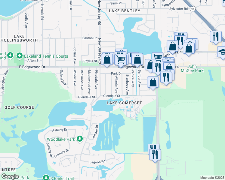 map of restaurants, bars, coffee shops, grocery stores, and more near 3024 Bellwood Avenue in Lakeland