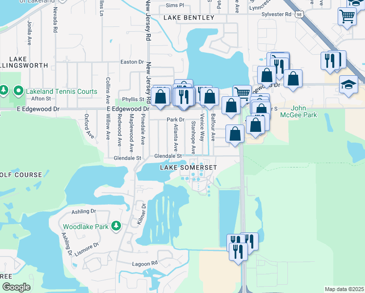 map of restaurants, bars, coffee shops, grocery stores, and more near 3023 Drewery Avenue in Lakeland