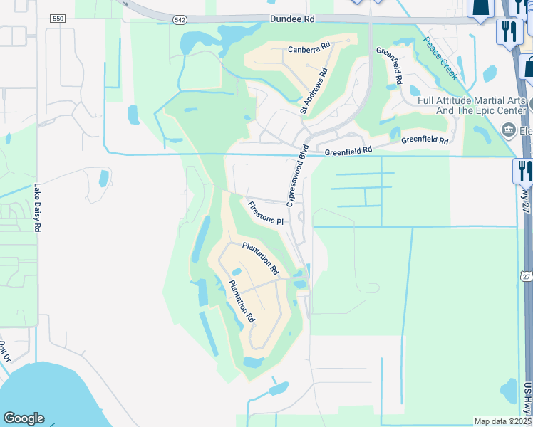 map of restaurants, bars, coffee shops, grocery stores, and more near 2241 Firestone Place in Winter Haven
