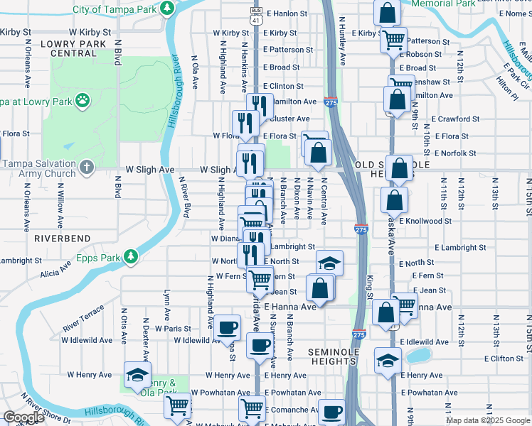 map of restaurants, bars, coffee shops, grocery stores, and more near in Tampa