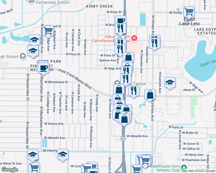 map of restaurants, bars, coffee shops, grocery stores, and more near 6608 North Church Avenue in Tampa