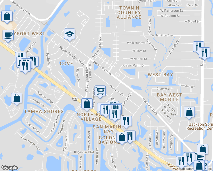 map of restaurants, bars, coffee shops, grocery stores, and more near 10206 Parsons Street in Tampa