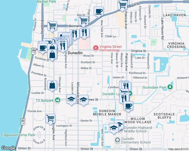 map of restaurants, bars, coffee shops, grocery stores, and more near 590 New York Avenue in Dunedin