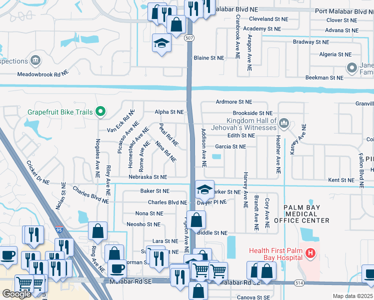 map of restaurants, bars, coffee shops, grocery stores, and more near 401 Petal Road Northeast in Palm Bay