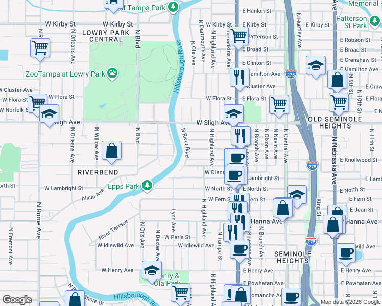 map of restaurants, bars, coffee shops, grocery stores, and more near 6700 North River Boulevard in Tampa