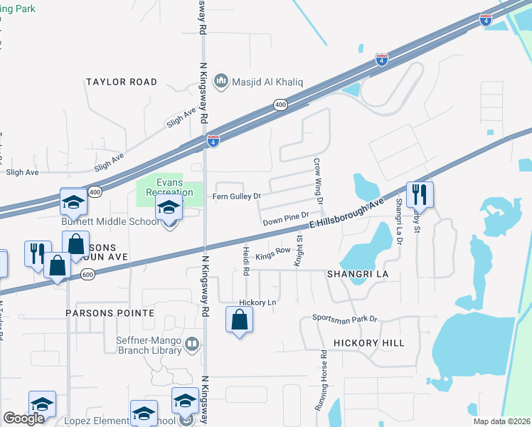 map of restaurants, bars, coffee shops, grocery stores, and more near 408 Down Pine Drive in Seffner