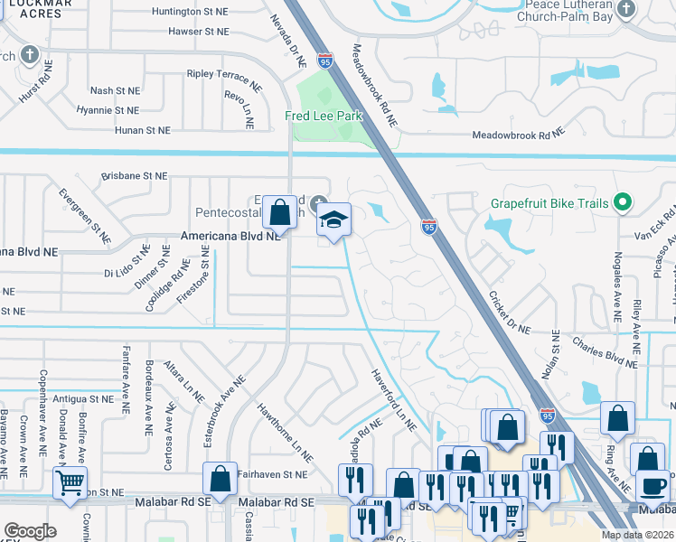 map of restaurants, bars, coffee shops, grocery stores, and more near 997 Boeing Street Northeast in Palm Bay