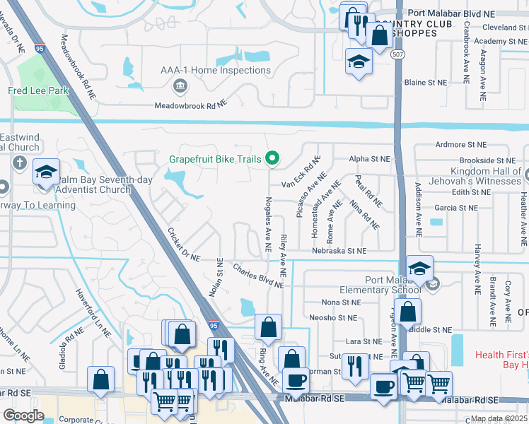 map of restaurants, bars, coffee shops, grocery stores, and more near 462 Nogales Avenue Northeast in Palm Bay