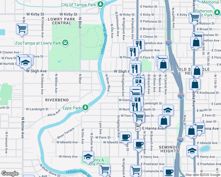 map of restaurants, bars, coffee shops, grocery stores, and more near 6703 North River Boulevard in Tampa