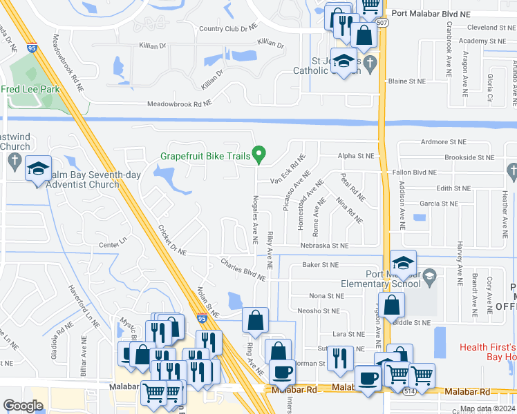 map of restaurants, bars, coffee shops, grocery stores, and more near 463 Nogales Avenue Northeast in Palm Bay