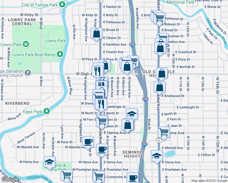 map of restaurants, bars, coffee shops, grocery stores, and more near 6602 North Branch Avenue in Tampa