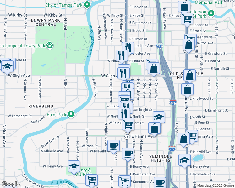 map of restaurants, bars, coffee shops, grocery stores, and more near 113 West Knollwood Street in Tampa
