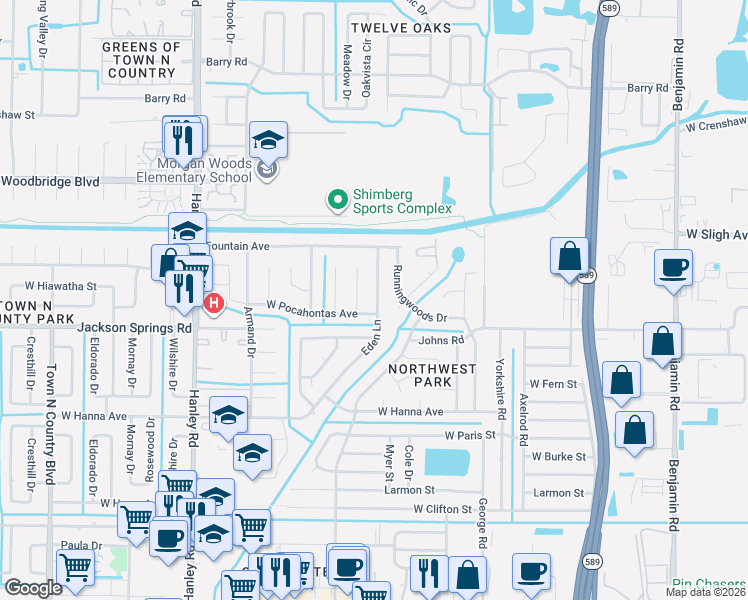 map of restaurants, bars, coffee shops, grocery stores, and more near 6801 Wayside Court in Tampa