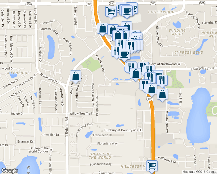 map of restaurants, bars, coffee shops, grocery stores, and more near 2386 Sumatran Way in Clearwater