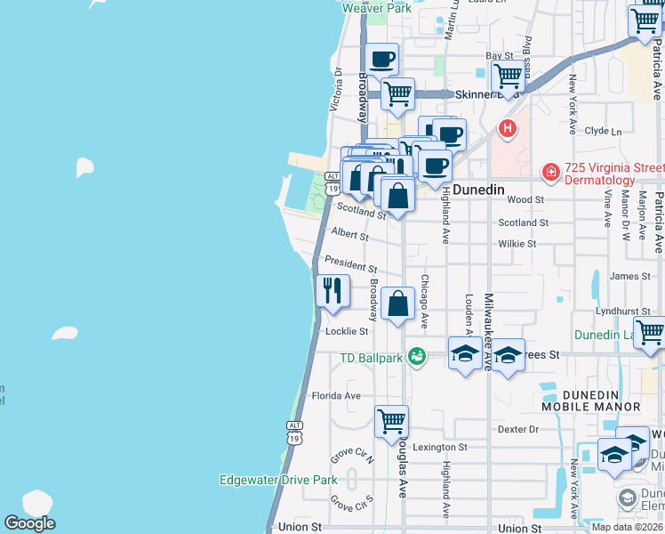 map of restaurants, bars, coffee shops, grocery stores, and more near 225 President Street in Dunedin