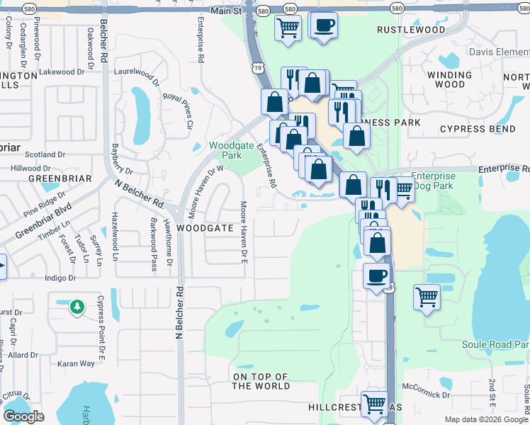 map of restaurants, bars, coffee shops, grocery stores, and more near 2452 Enterprise Road in Clearwater
