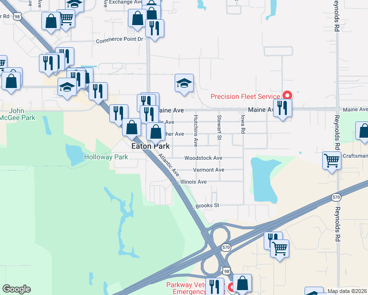 map of restaurants, bars, coffee shops, grocery stores, and more near 2724 Woodstock Avenue in Lakeland