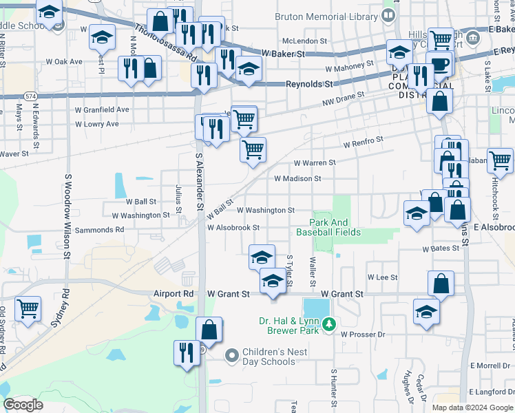 map of restaurants, bars, coffee shops, grocery stores, and more near 1208 West Washington Street in Plant City