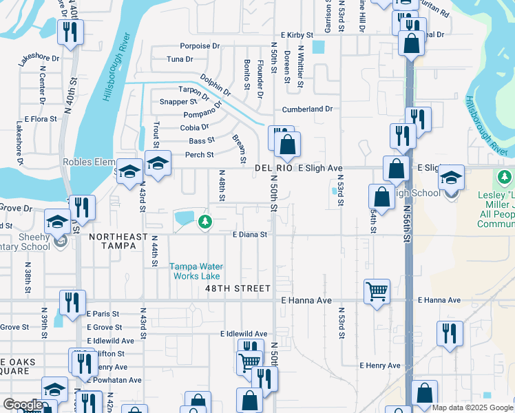 map of restaurants, bars, coffee shops, grocery stores, and more near Moses White Square in Tampa