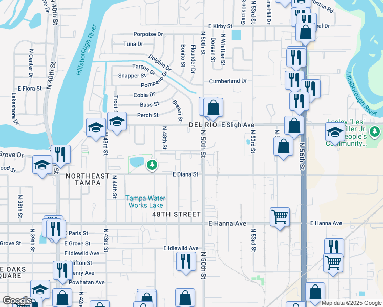 map of restaurants, bars, coffee shops, grocery stores, and more near Moses White Square in Tampa