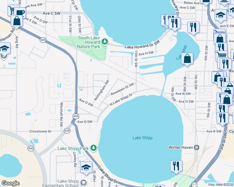 map of restaurants, bars, coffee shops, grocery stores, and more near 1618 Roselawn Street Southwest in Winter Haven