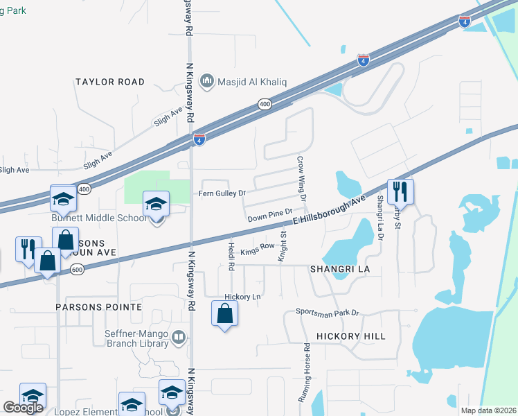 map of restaurants, bars, coffee shops, grocery stores, and more near 408 Down Pine Drive in Seffner