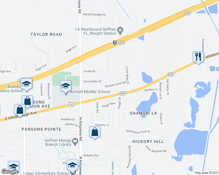 map of restaurants, bars, coffee shops, grocery stores, and more near 409 Thicket Crest Road in Seffner