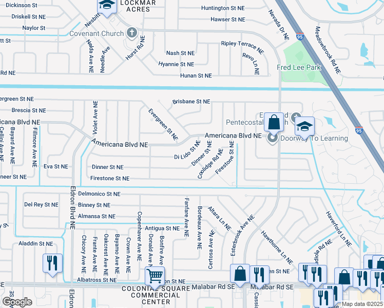 map of restaurants, bars, coffee shops, grocery stores, and more near 686 Di Lido Street Northeast in Palm Bay