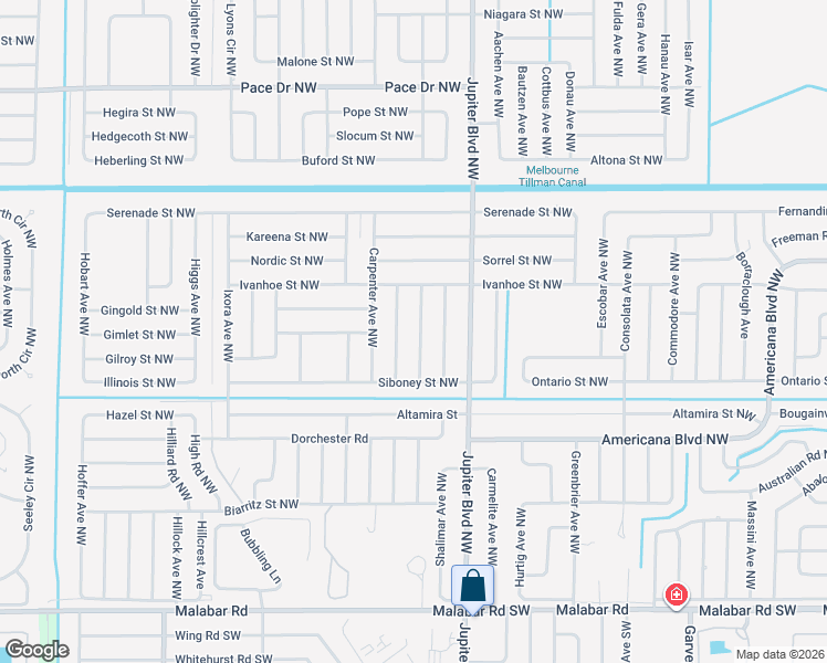 map of restaurants, bars, coffee shops, grocery stores, and more near 427 Carolina Avenue Northwest in Palm Bay