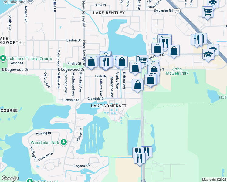 map of restaurants, bars, coffee shops, grocery stores, and more near 3036 Stanhope Avenue in Lakeland