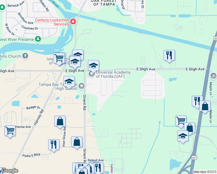 map of restaurants, bars, coffee shops, grocery stores, and more near 6504 North 78th Street in Tampa