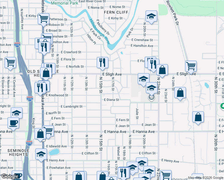 map of restaurants, bars, coffee shops, grocery stores, and more near 1519 East Knollwood Street in Tampa