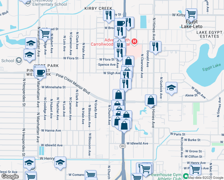 map of restaurants, bars, coffee shops, grocery stores, and more near 6608 North Church Avenue in Tampa