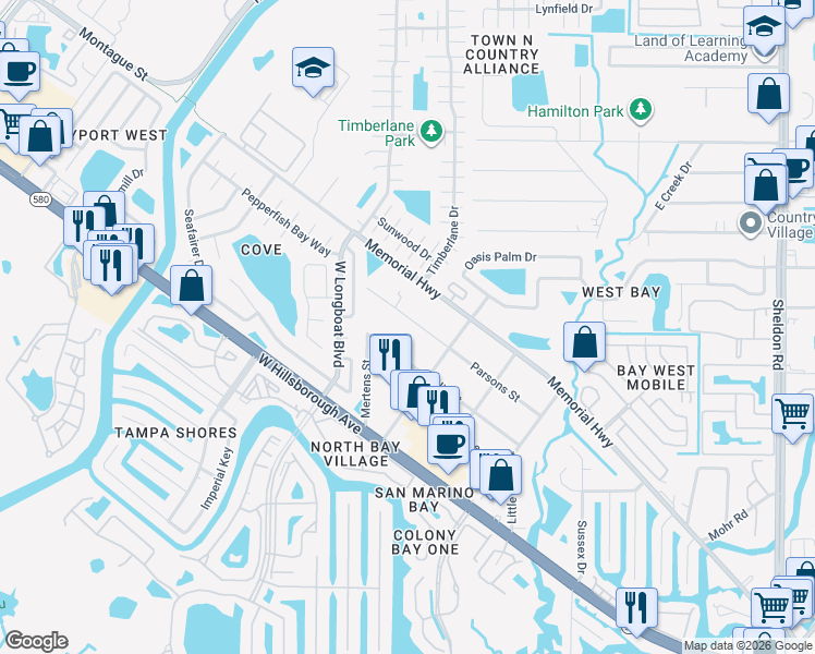 map of restaurants, bars, coffee shops, grocery stores, and more near 10206 Parsons Street in Tampa