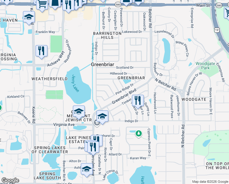 map of restaurants, bars, coffee shops, grocery stores, and more near 2063 Pine Ridge Drive in Clearwater