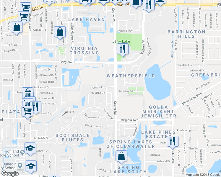 map of restaurants, bars, coffee shops, grocery stores, and more near 740 Kirkland Circle in Dunedin
