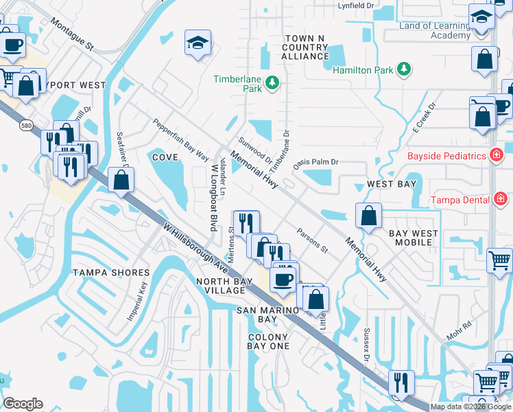 map of restaurants, bars, coffee shops, grocery stores, and more near 10206 Parsons Street in Tampa