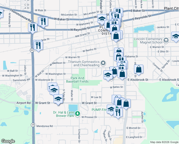 map of restaurants, bars, coffee shops, grocery stores, and more near 806 South Franklin Street in Plant City