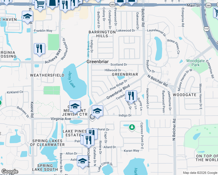 map of restaurants, bars, coffee shops, grocery stores, and more near 2063 Pine Ridge Drive in Clearwater