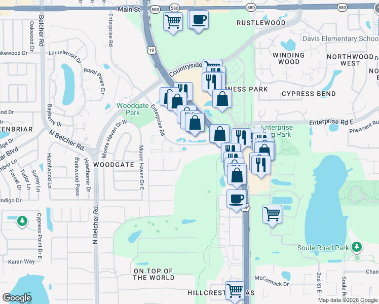 map of restaurants, bars, coffee shops, grocery stores, and more near 2424 Enterprise Road in Clearwater