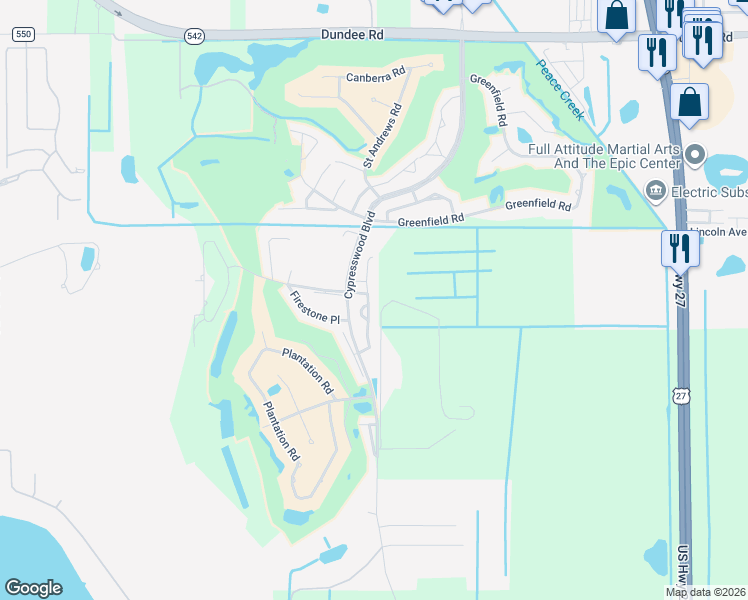 map of restaurants, bars, coffee shops, grocery stores, and more near 62 Enclave Drive in Winter Haven