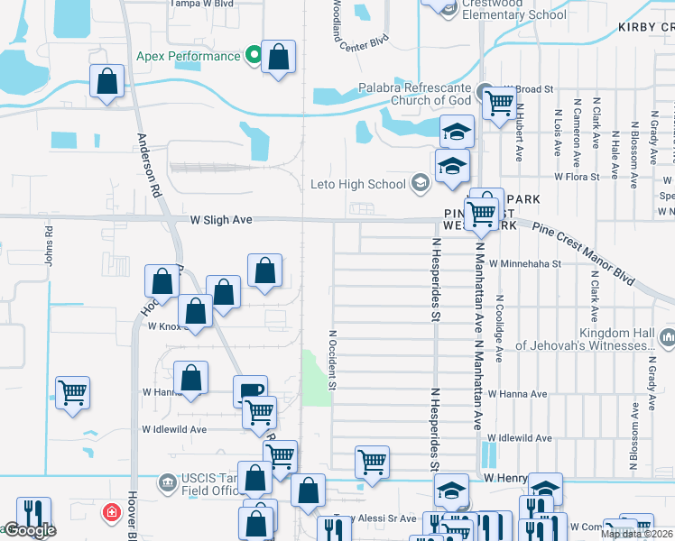 map of restaurants, bars, coffee shops, grocery stores, and more near 4543 West Knollwood Street in Tampa