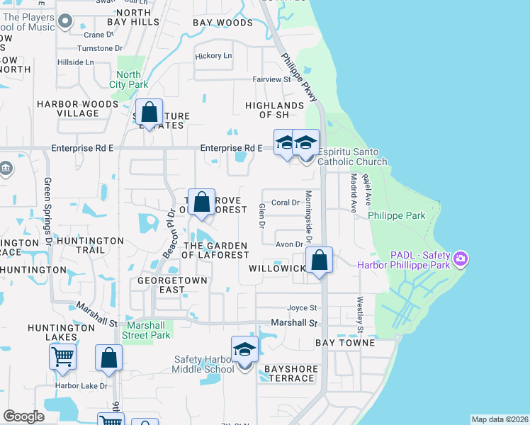 map of restaurants, bars, coffee shops, grocery stores, and more near 2150 Glen Drive in Safety Harbor
