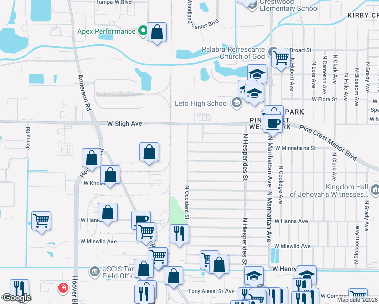 map of restaurants, bars, coffee shops, grocery stores, and more near 4543 West Knollwood Street in Tampa