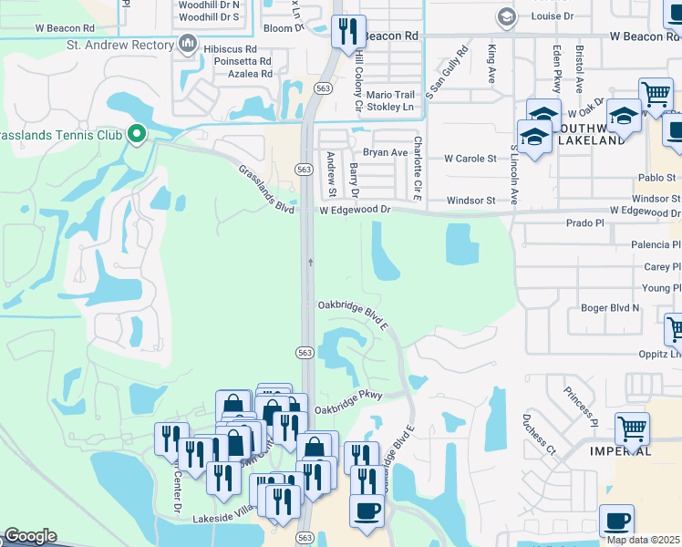 map of restaurants, bars, coffee shops, grocery stores, and more near 3110 Oakbridge Boulevard East in Lakeland