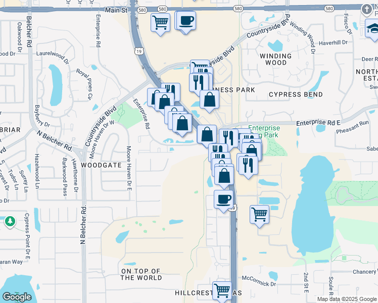 map of restaurants, bars, coffee shops, grocery stores, and more near 2424 Enterprise Road in Clearwater