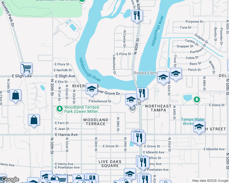 map of restaurants, bars, coffee shops, grocery stores, and more near 3606 River Grove Drive in Tampa