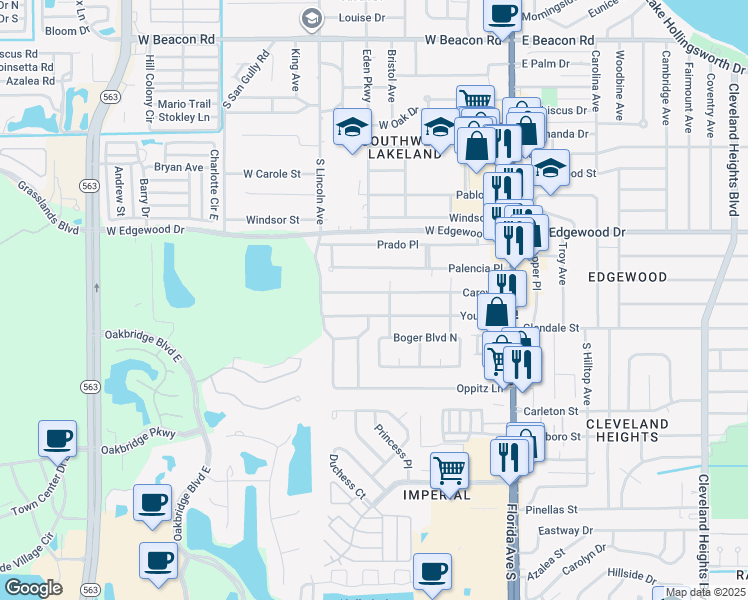 map of restaurants, bars, coffee shops, grocery stores, and more near 550 Young Place in Lakeland