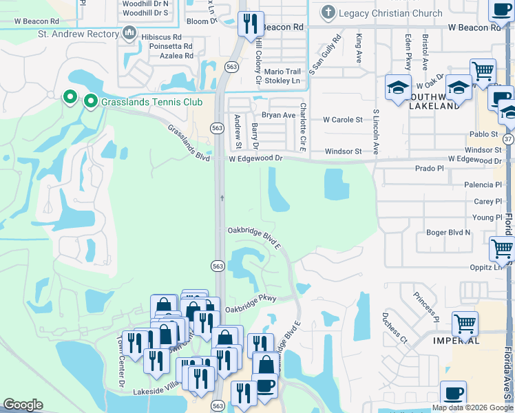 map of restaurants, bars, coffee shops, grocery stores, and more near 3014 Mission Lakes Drive in Lakeland